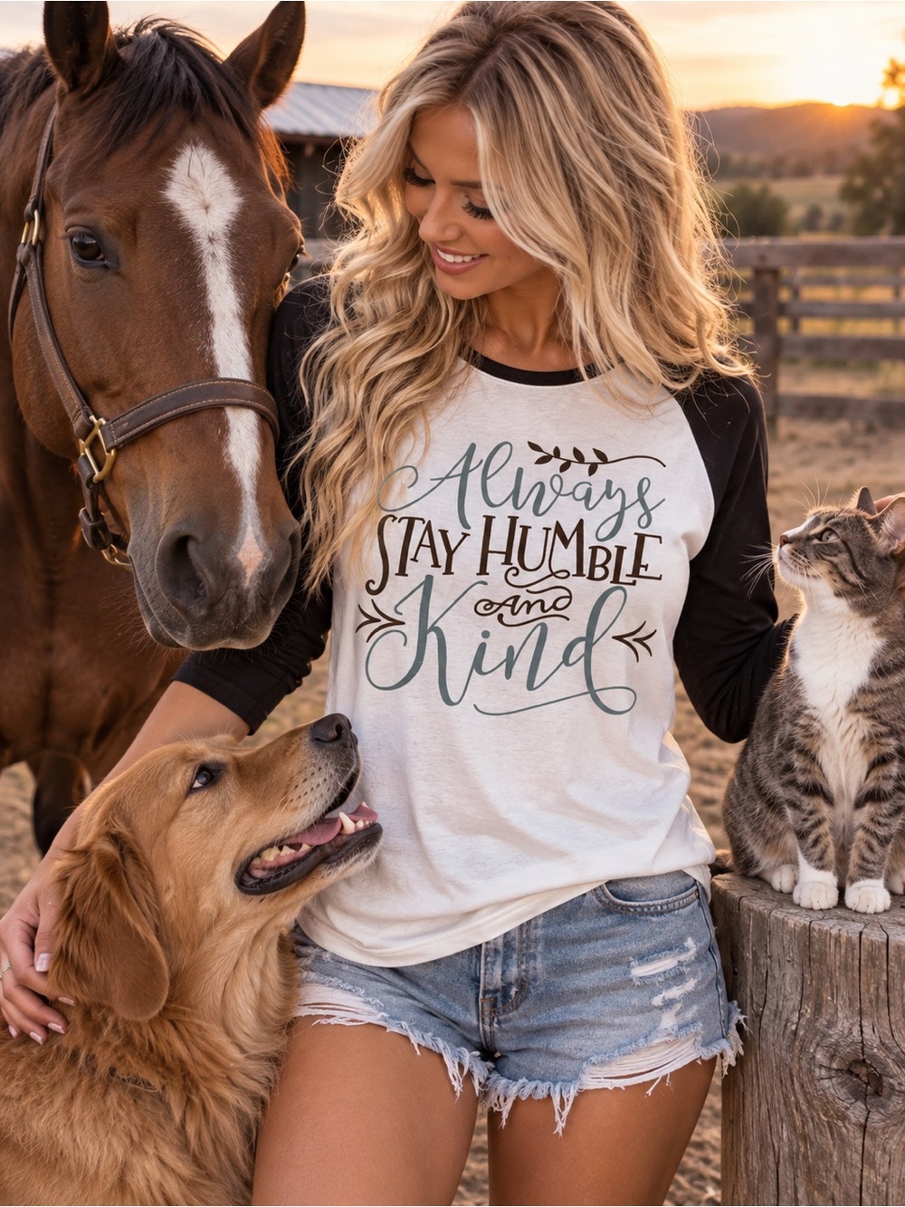 Always Stay Humble and Kind Raglan Three Quarter  Sleeve Tee - Black/White